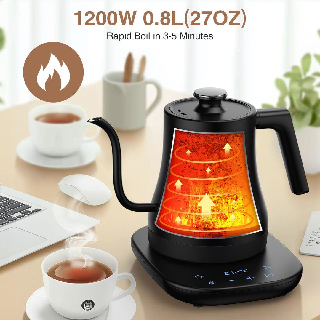 Electric Gooseneck Kettle Temperature Control Pour-Over Tea Kettle for Coffee Brewing; Stainless Steel Inner; 1300W Rapid Heating; Temp Holding Matte Black