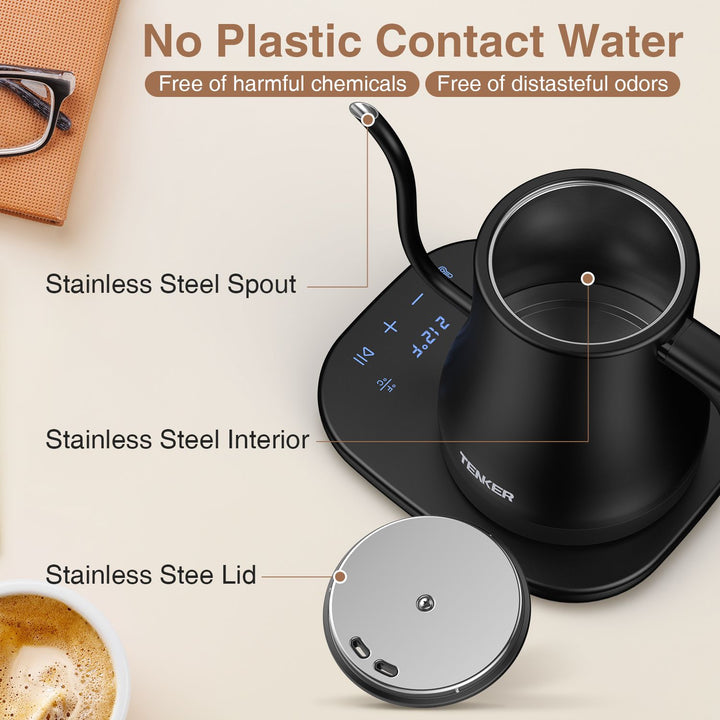 Electric Gooseneck Kettle Temperature Control Pour-Over Tea Kettle for Coffee Brewing; Stainless Steel Inner; 1300W Rapid Heating; Temp Holding Matte Black