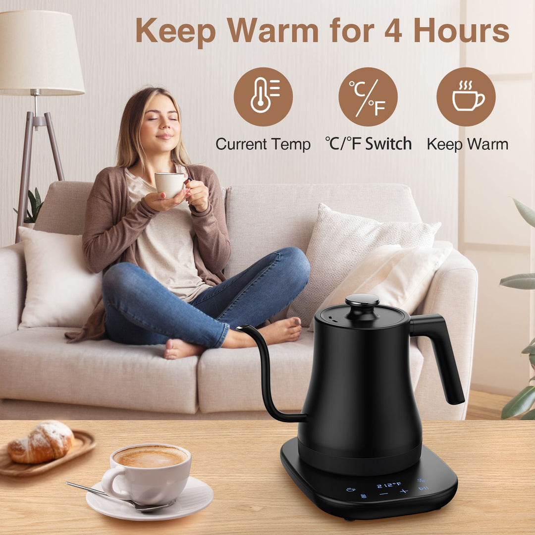 Electric Gooseneck Kettle Temperature Control Pour-Over Tea Kettle for Coffee Brewing; Stainless Steel Inner; 1300W Rapid Heating; Temp Holding Matte Black