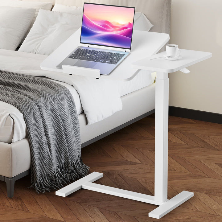 Adjustable Overbed Table with Wheels, Mobile Rolling Laptop Desk, Tilting Bedside Table for Laptop, Bed, Sofa, and Office Use, White
