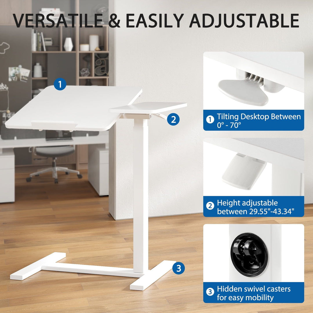 Adjustable Overbed Table with Wheels, Mobile Rolling Laptop Desk, Tilting Bedside Table for Laptop, Bed, Sofa, and Office Use, White