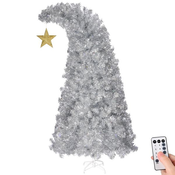 6 FT Bent Top Pre-lit Christmas Tree with Golden Star, Hinged Artificial Xmas Tree with 300 Lights, 900 Branch Tips and Remote Control for Holiday Party Store Office Home, Silver