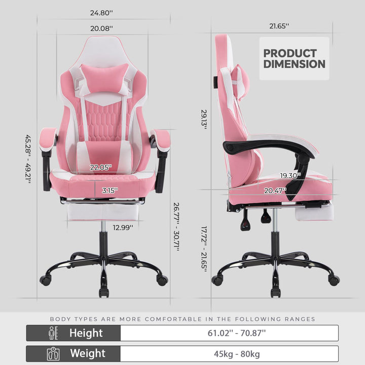 Gaming Chair with Footrest, High Back Gaming Chairs PVC Leather Ergonomic Gamer Chair with Adjustable Headrest Lumbar Support Racing Style Video Gaming Chair for Office/Home (Pink)