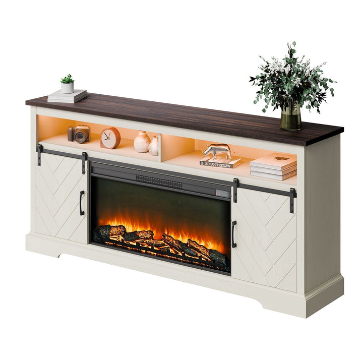 VEVOR Fireplace TV Stand, Farmhouse Fireplace TV Stand for TVs up to 80 inch, Farmhouse Entertainment Center with 36 inch Fireplace & LED Lights, Electric Fireplaces for Living Room Bedroom, White