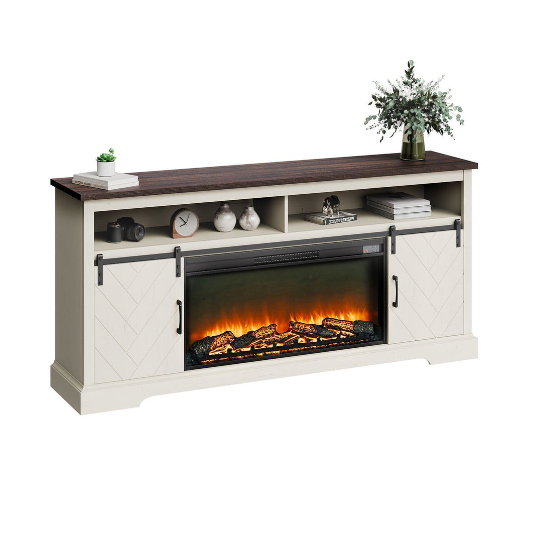 VEVOR Fireplace TV Stand, Farmhouse Fireplace TV Stand for TVs up to 80 inch, Farmhouse Entertainment Center with 36 inch Fireplace & LED Lights, Electric Fireplaces for Living Room Bedroom, White