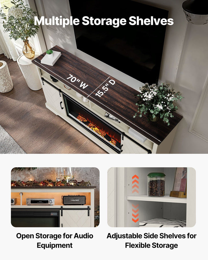 VEVOR Fireplace TV Stand, Farmhouse Fireplace TV Stand for TVs up to 80 inch, Farmhouse Entertainment Center with 36 inch Fireplace & LED Lights, Electric Fireplaces for Living Room Bedroom, White