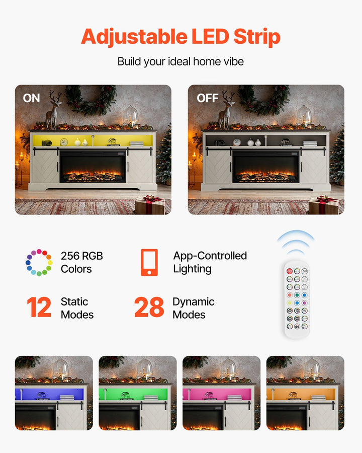 VEVOR Fireplace TV Stand, Farmhouse Fireplace TV Stand for TVs up to 80 inch, Farmhouse Entertainment Center with 36 inch Fireplace & LED Lights, Electric Fireplaces for Living Room Bedroom, White