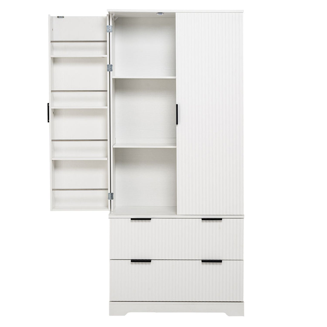 72" Modern Fluted Kitchen Pantry Cabinet with 2 Large Drawers & 8-Door Spice Rack, Freestanding Storage Organizer for Bathroom, Dining Room, Office, Entryway, White