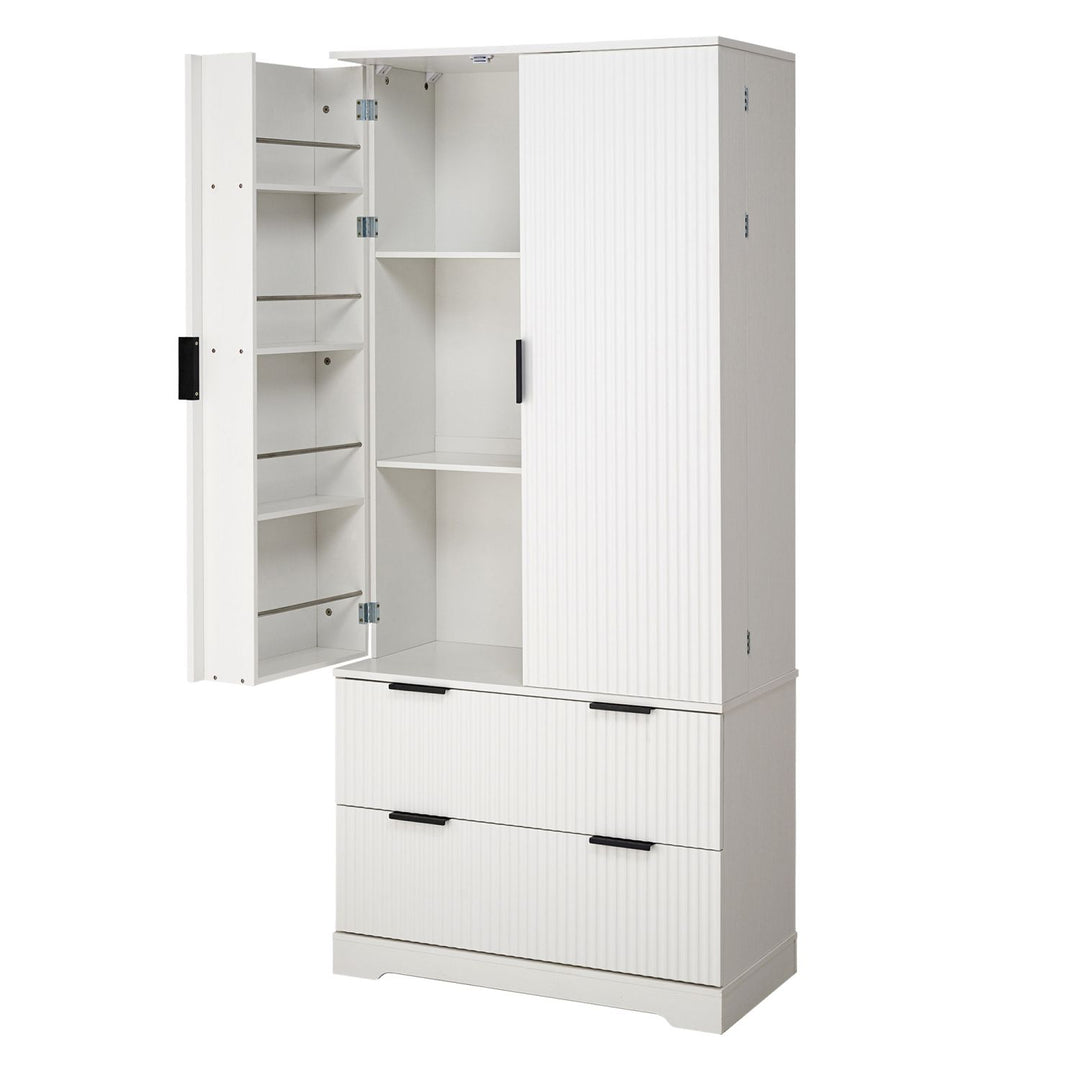 72" Modern Fluted Kitchen Pantry Cabinet with 2 Large Drawers & 8-Door Spice Rack, Freestanding Storage Organizer for Bathroom, Dining Room, Office, Entryway, White