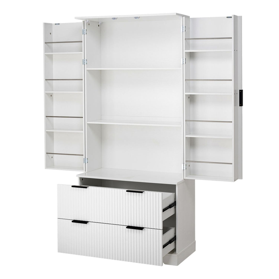 72" Modern Fluted Kitchen Pantry Cabinet with 2 Large Drawers & 8-Door Spice Rack, Freestanding Storage Organizer for Bathroom, Dining Room, Office, Entryway, White