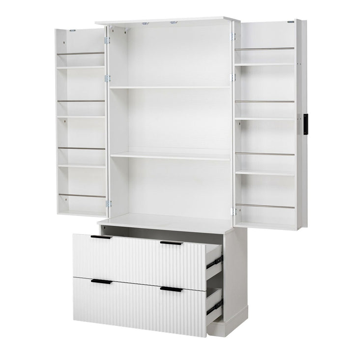 72" Modern Fluted Kitchen Pantry Cabinet with 2 Large Drawers & 8-Door Spice Rack, Freestanding Storage Organizer for Bathroom, Dining Room, Office, Entryway, White