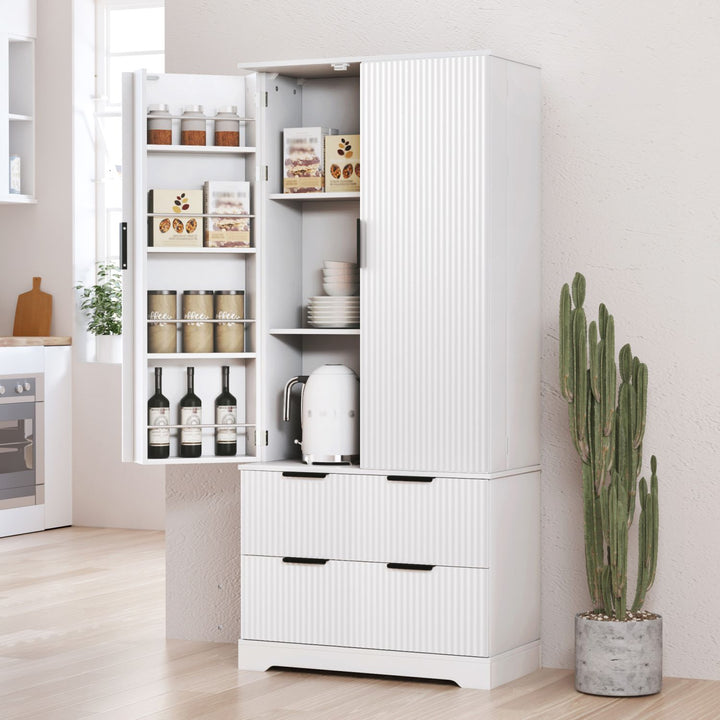 72" Modern Fluted Kitchen Pantry Cabinet with 2 Large Drawers & 8-Door Spice Rack, Freestanding Storage Organizer for Bathroom, Dining Room, Office, Entryway, White