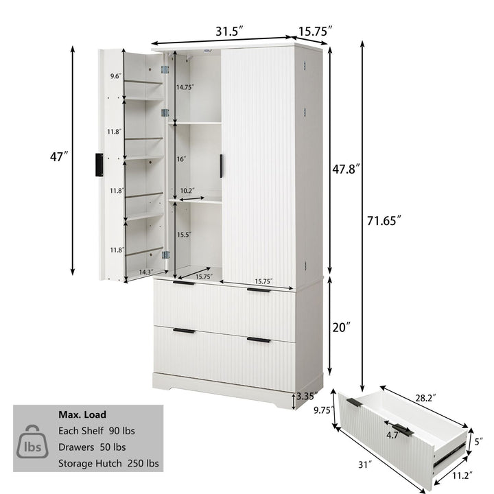 72" Modern Fluted Kitchen Pantry Cabinet with 2 Large Drawers & 8-Door Spice Rack, Freestanding Storage Organizer for Bathroom, Dining Room, Office, Entryway, White
