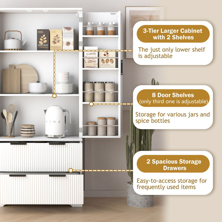 72" Modern Fluted Kitchen Pantry Cabinet with 2 Large Drawers & 8-Door Spice Rack, Freestanding Storage Organizer for Bathroom, Dining Room, Office, Entryway, White