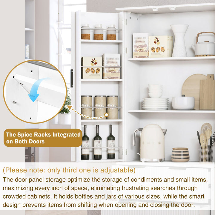 72" Modern Fluted Kitchen Pantry Cabinet with 2 Large Drawers & 8-Door Spice Rack, Freestanding Storage Organizer for Bathroom, Dining Room, Office, Entryway, White