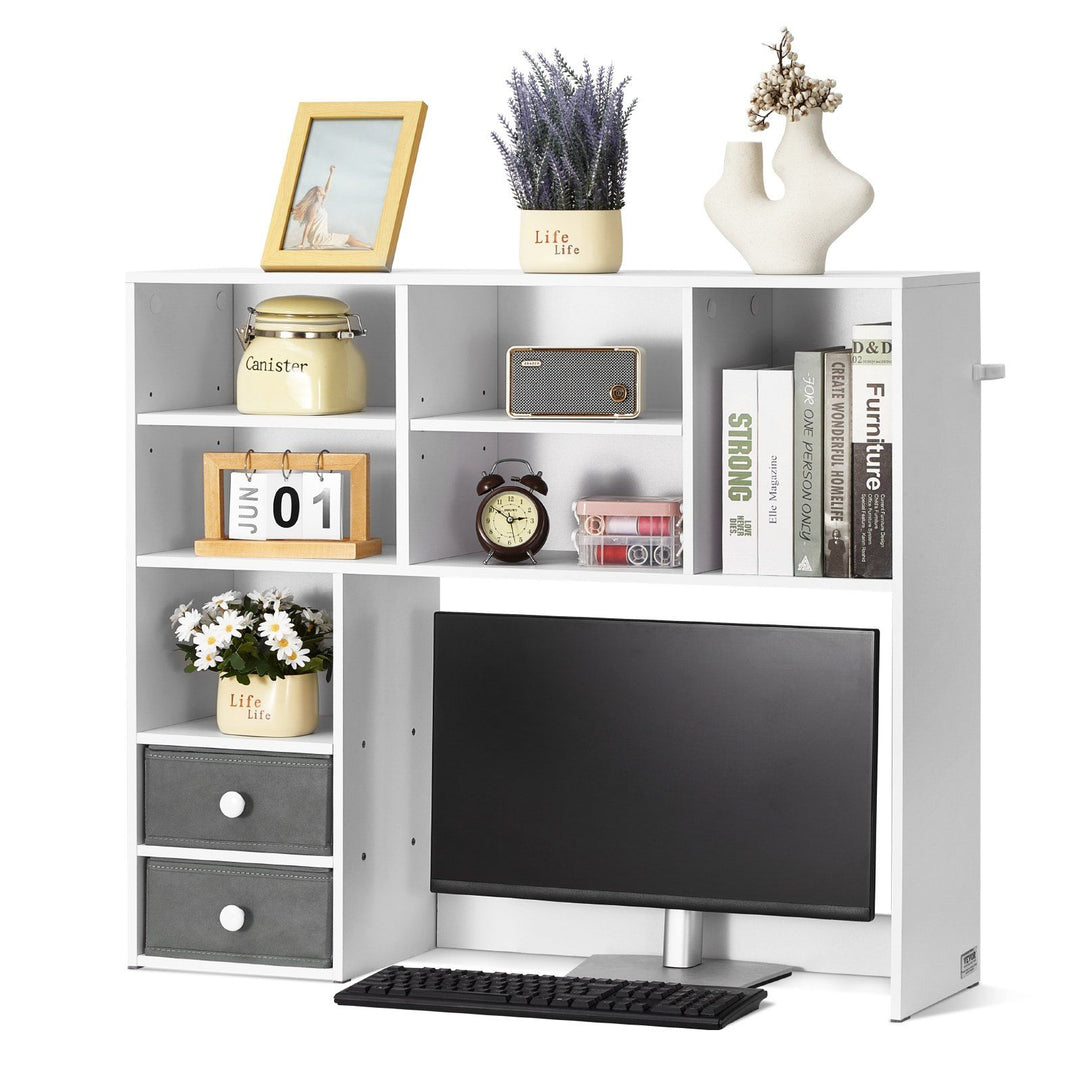 Desktop Bookshelf, 3-Tier Desktop Storage Organizer, 37" x 10" x 31.1" Office Storage Rack Wood Display Shelf, Desktop Bookshelf Hutch with Two Fabric Drawers, for Office, Home & Dorm, White