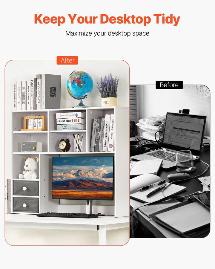 Desktop Bookshelf, 3-Tier Desktop Storage Organizer, 37" x 10" x 31.1" Office Storage Rack Wood Display Shelf, Desktop Bookshelf Hutch with Two Fabric Drawers, for Office, Home & Dorm, White