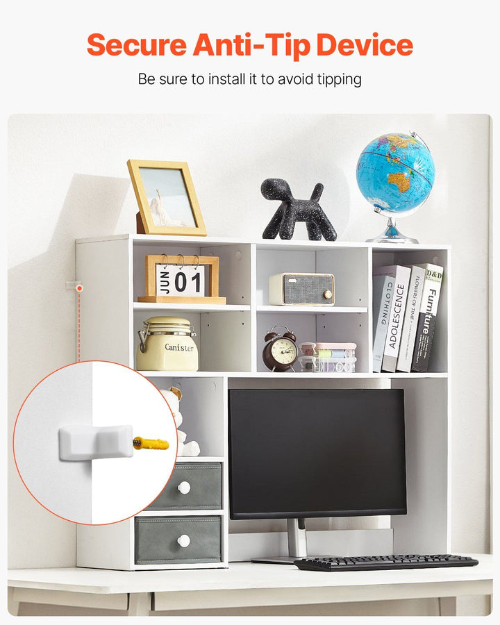 Desktop Bookshelf, 3-Tier Desktop Storage Organizer, 37" x 10" x 31.1" Office Storage Rack Wood Display Shelf, Desktop Bookshelf Hutch with Two Fabric Drawers, for Office, Home & Dorm, White