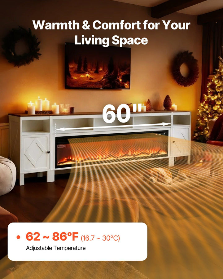 Fireplace TV Stand, Farmhouse Fireplace TV Stand for TVs up to 100 inch, Farmhouse Entertainment Center with 60 inch Fireplace & Storage Drawers for Living Room Bedroom, Remote Control, White