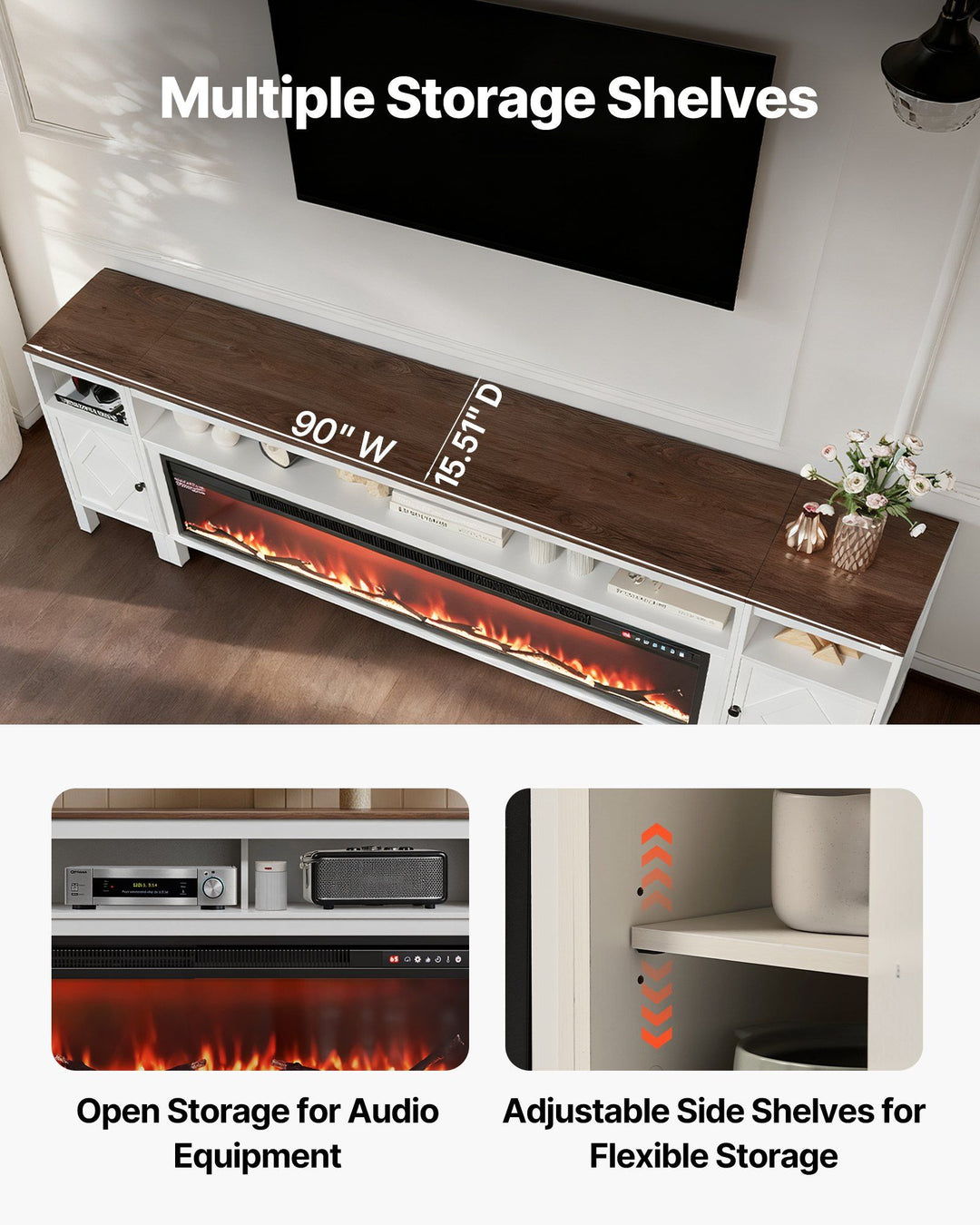 Fireplace TV Stand, Farmhouse Fireplace TV Stand for TVs up to 100 inch, Farmhouse Entertainment Center with 60 inch Fireplace & Storage Drawers for Living Room Bedroom, Remote Control, White