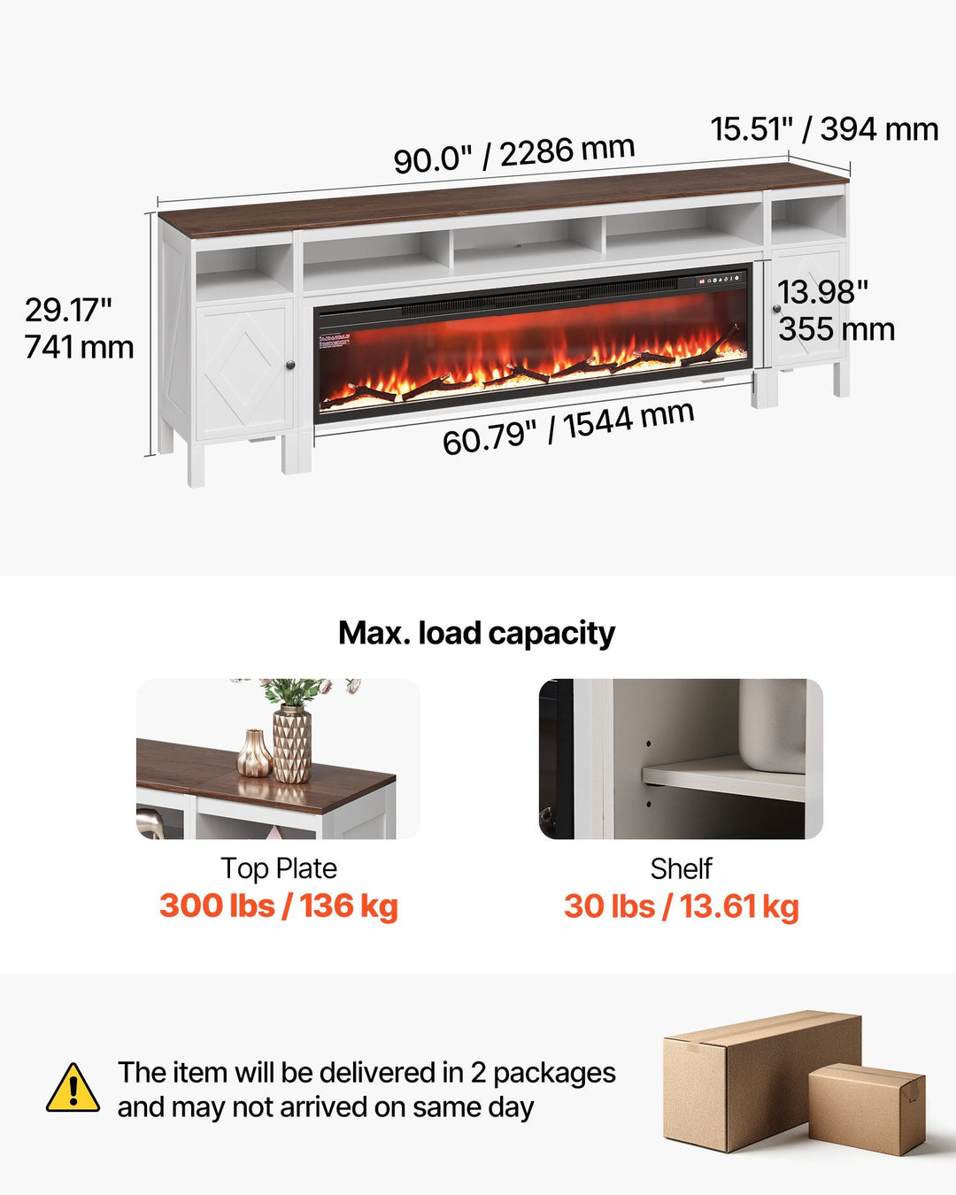 Fireplace TV Stand, Farmhouse Fireplace TV Stand for TVs up to 100 inch, Farmhouse Entertainment Center with 60 inch Fireplace & Storage Drawers for Living Room Bedroom, Remote Control, White