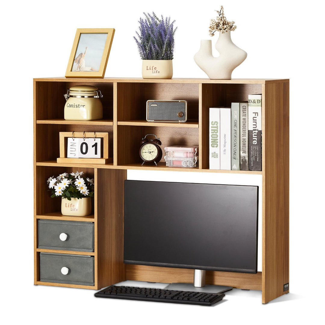 VEVOR Desktop Bookshelf, 3-Tier Wood Desktop Storage Organizer, 37" x 10" x 31.1" Office Storage Rack Wood Display Shelf, Desktop Bookshelf Hutch with Two Fabric Drawers, for Office, Home & Dorm