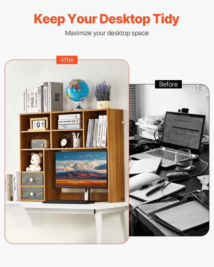 VEVOR Desktop Bookshelf, 3-Tier Wood Desktop Storage Organizer, 37" x 10" x 31.1" Office Storage Rack Wood Display Shelf, Desktop Bookshelf Hutch with Two Fabric Drawers, for Office, Home & Dorm