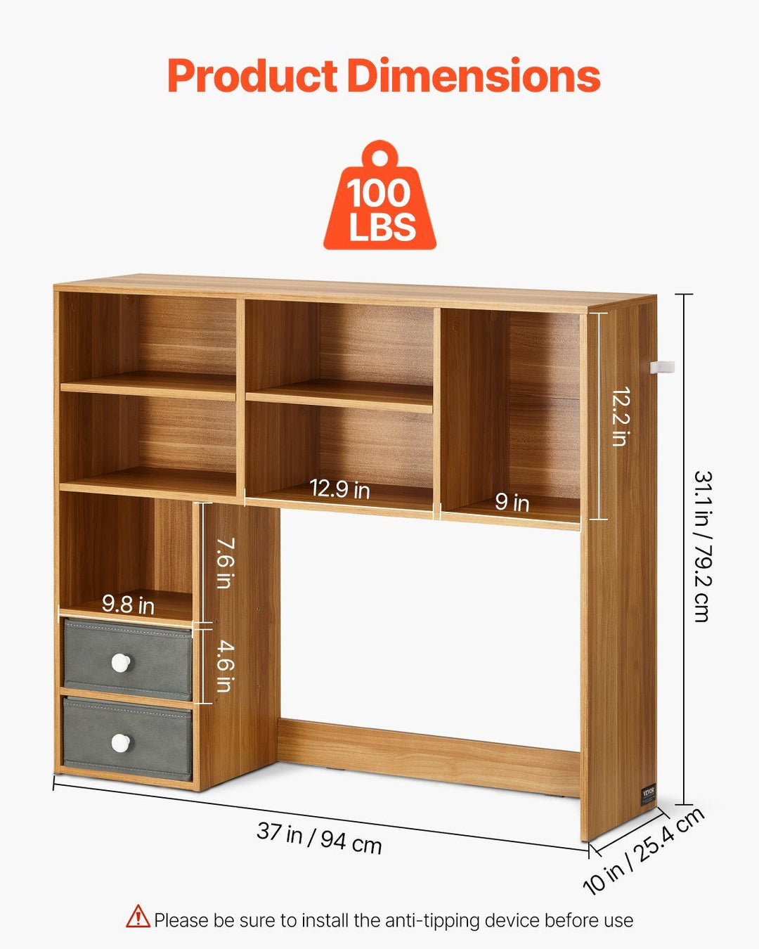 VEVOR Desktop Bookshelf, 3-Tier Wood Desktop Storage Organizer, 37" x 10" x 31.1" Office Storage Rack Wood Display Shelf, Desktop Bookshelf Hutch with Two Fabric Drawers, for Office, Home & Dorm