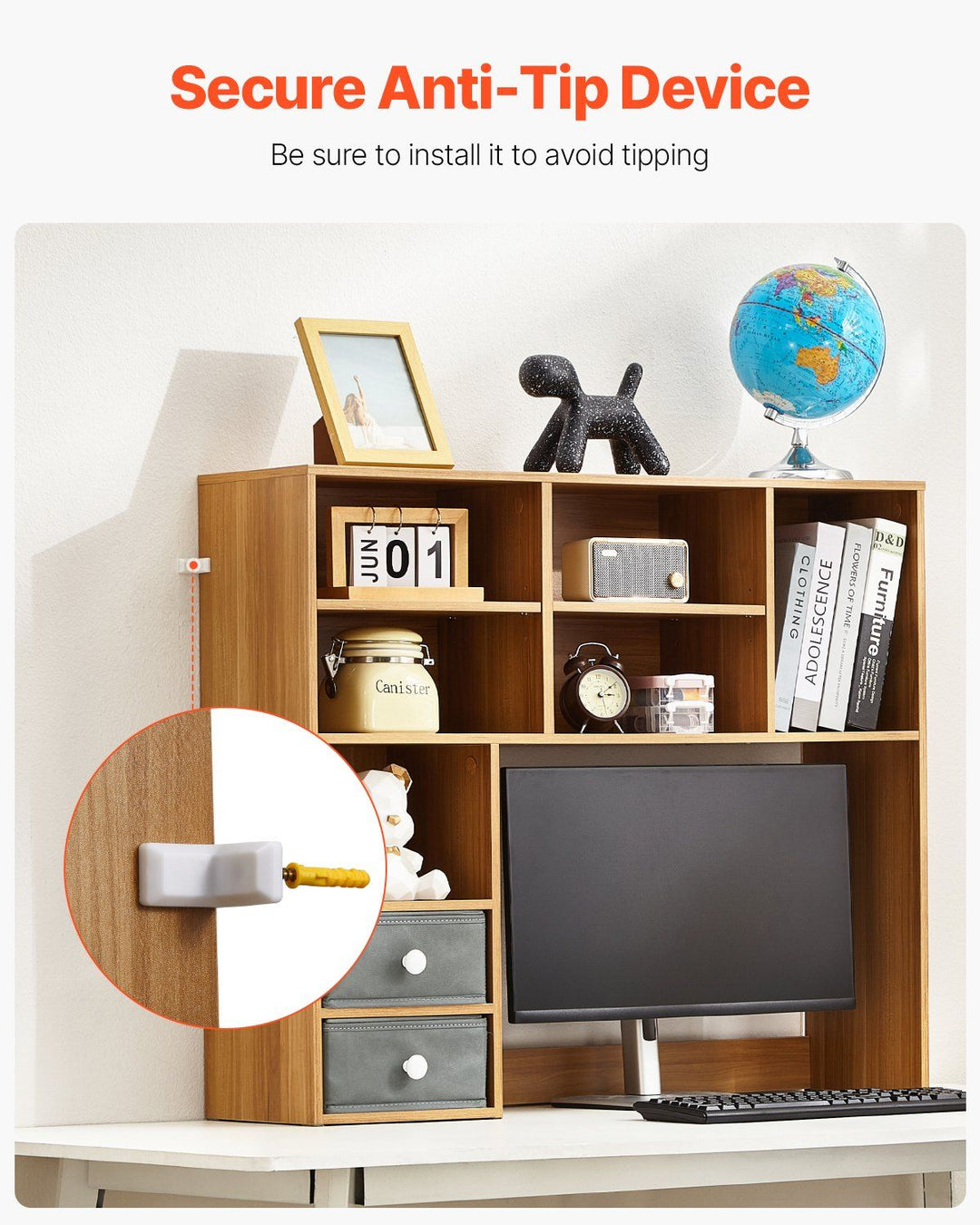 VEVOR Desktop Bookshelf, 3-Tier Wood Desktop Storage Organizer, 37" x 10" x 31.1" Office Storage Rack Wood Display Shelf, Desktop Bookshelf Hutch with Two Fabric Drawers, for Office, Home & Dorm