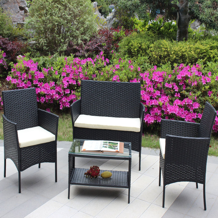 4 PC Rattan Patio Furniture Set Outdoor Patio Cushioned Seat Wicker Sofa