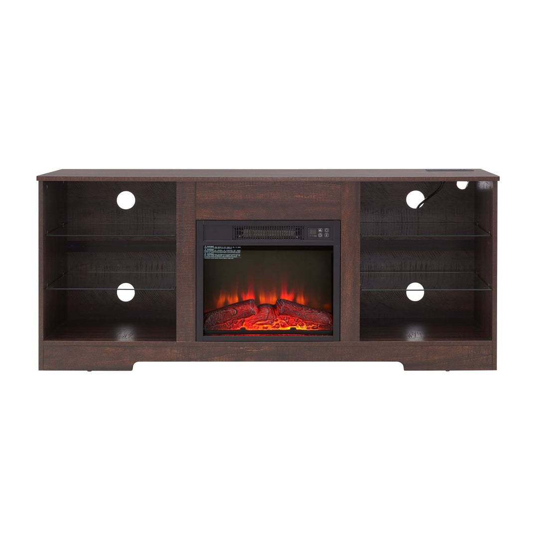 TV Stand Electric Fireplace Glass Shelves, 3D Fireplace TV Stand with LED Lights Wood with USB Charging Outlet Modern Television Table Center for TV up to 62" ESP, 58''W*15.5''D*24.4