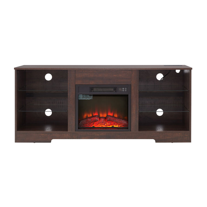 TV Stand Electric Fireplace Glass Shelves, 3D Fireplace TV Stand with LED Lights Wood with USB Charging Outlet Modern Television Table Center for TV up to 62" ESP, 58''W*15.5''D*24.4