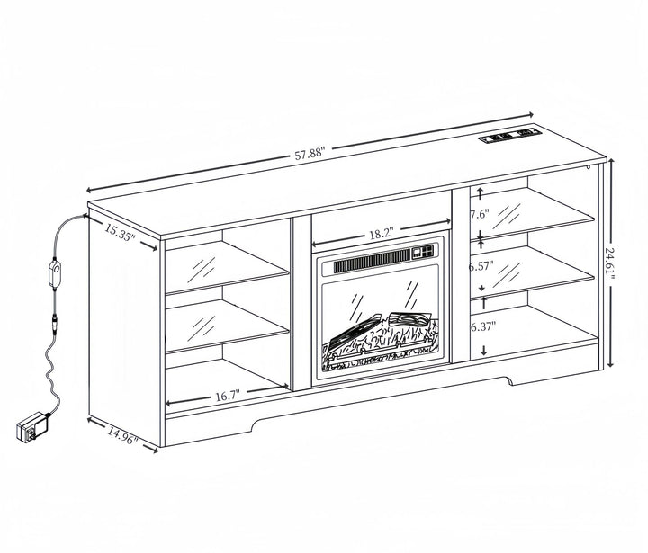 TV Stand Electric Fireplace Glass Shelves, 3D Fireplace TV Stand with LED Lights Wood with USB Charging Outlet Modern Television Table Center for TV up to 62" ESP, 58''W*15.5''D*24.4