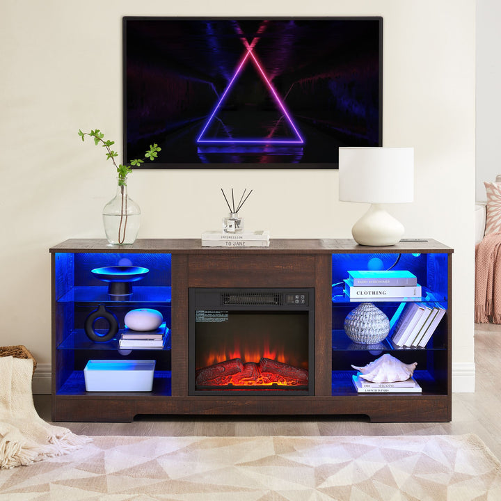 TV Stand Electric Fireplace Glass Shelves, 3D Fireplace TV Stand with LED Lights Wood with USB Charging Outlet Modern Television Table Center for TV up to 62" ESP, 58''W*15.5''D*24.4