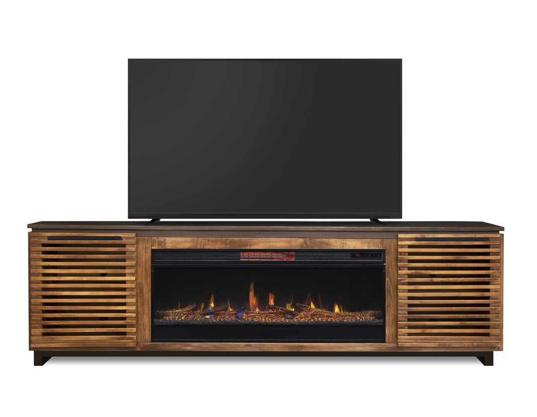 Bridgevine Home Graceland 86 inch Fireplace TV Stand Console for TVs up to 100 inches, Minimal Assembly, Black with Bourbon finish