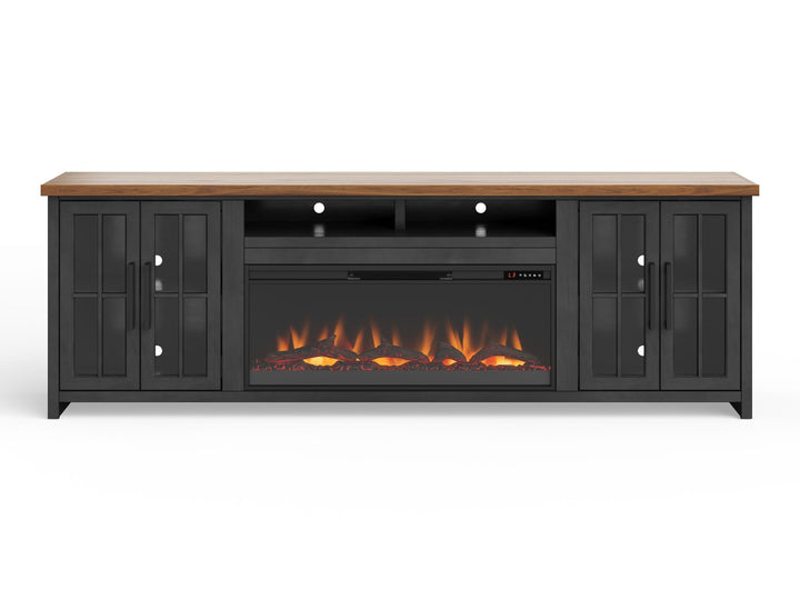 Bridgevine Home Essex 97 inch Fireplace TV Stand Console for TVs up to 100 inches, Minimal Assembly, Black and Whiskey Finish