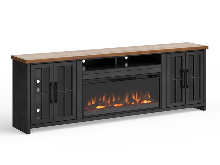 Bridgevine Home Essex 97 inch Fireplace TV Stand Console for TVs up to 100 inches, Minimal Assembly, Black and Whiskey Finish
