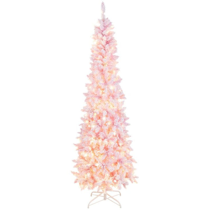 7 Feet Pre-Lit Snow Flocked Hinged Pencil Christmas Tree with 300 Lights and 8 Modes