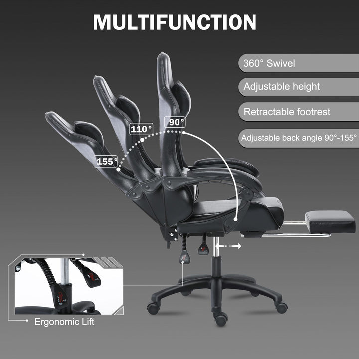 Game Chair, Adult Electronic Gaming Chair, Ergonomically Designed, PU Leather, Lounge Chair with Footstool and Waist Support, Office Chair, Gray