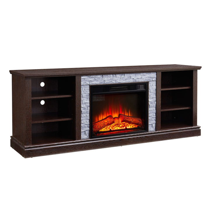 Large TV Desk Storage Rack with Faux Stacked Stone Surround,Media Console Table with Large Storage Cabinet,Modern TV Media Stand with 23" Fireplace Insert,Cherry, 70.12"W*15.35"D*25.83"H
