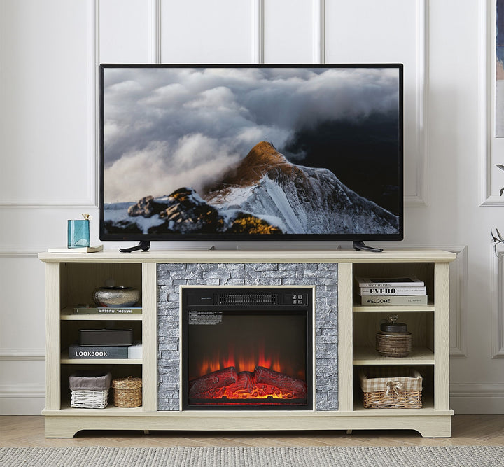 Mantel Electric Fireplace Stone TV Media Stand, Open Storage Modern Entertainment Console Space with 18" Fireplace Insert, White, 58.31"W*15.39"D*26.06"H