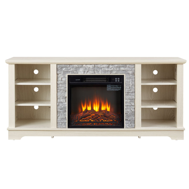 Mantel Electric Fireplace Stone TV Media Stand, Open Storage Modern Entertainment Console Space with 18" Fireplace Insert, White, 58.31"W*15.39"D*26.06"H