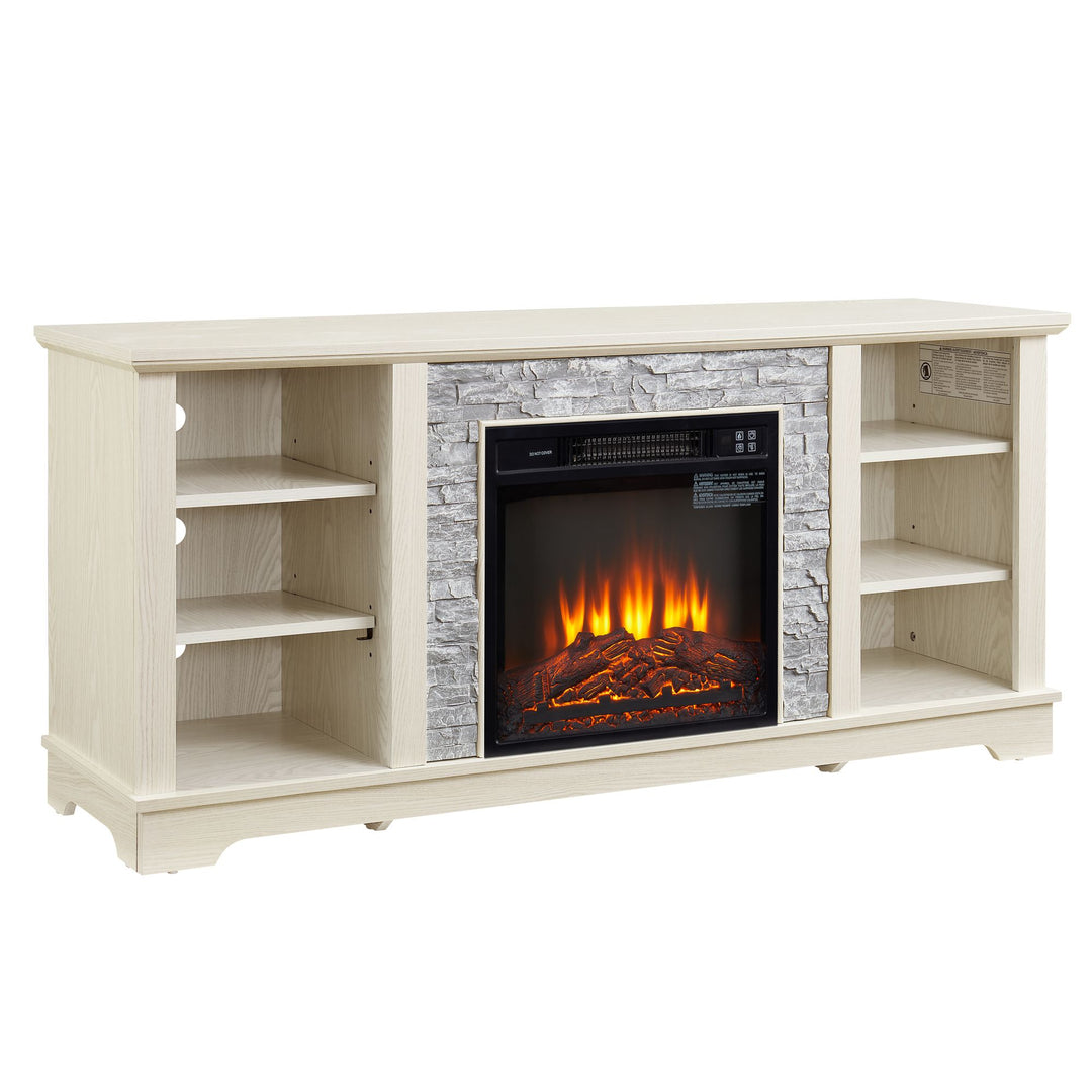 Mantel Electric Fireplace Stone TV Media Stand, Open Storage Modern Entertainment Console Space with 18" Fireplace Insert, White, 58.31"W*15.39"D*26.06"H