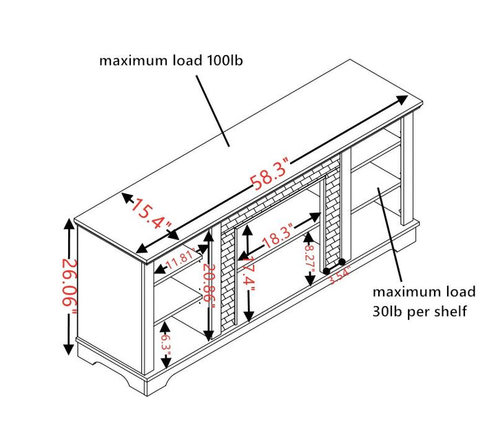 Mantel Electric Fireplace Stone TV Media Stand, Open Storage Modern Entertainment Console Space with 18" Fireplace Insert, White, 58.31"W*15.39"D*26.06"H