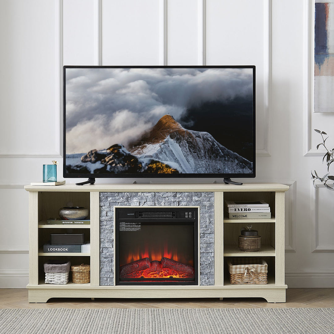Mantel Electric Fireplace Stone TV Media Stand, Open Storage Modern Entertainment Console Space with 18" Fireplace Insert, White, 58.31"W*15.39"D*26.06"H