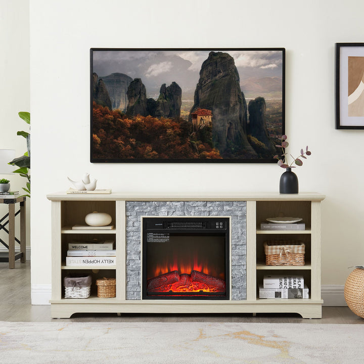 Mantel Electric Fireplace Stone TV Media Stand, Open Storage Modern Entertainment Console Space with 18" Fireplace Insert, White, 58.31"W*15.39"D*26.06"H