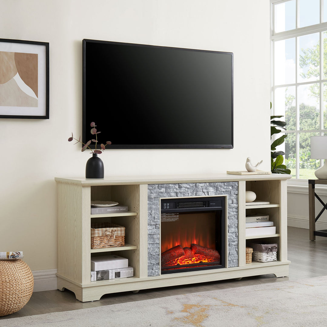 Mantel Electric Fireplace Stone TV Media Stand, Open Storage Modern Entertainment Console Space with 18" Fireplace Insert, White, 58.31"W*15.39"D*26.06"H