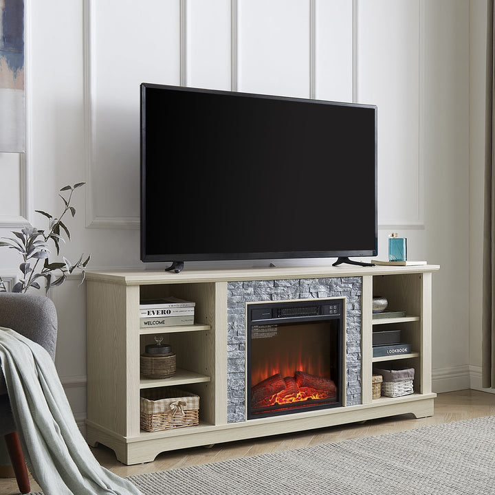 Mantel Electric Fireplace Stone TV Media Stand, Open Storage Modern Entertainment Console Space with 18" Fireplace Insert, White, 58.31"W*15.39"D*26.06"H