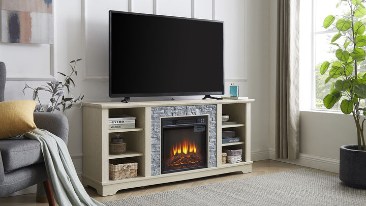 Mantel Electric Fireplace Stone TV Media Stand, Open Storage Modern Entertainment Console Space with 18" Fireplace Insert, White, 58.31"W*15.39"D*26.06"H