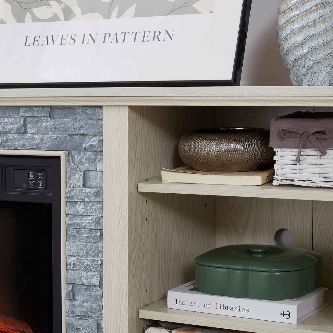 Mantel Electric Fireplace Stone TV Media Stand, Open Storage Modern Entertainment Console Space with 18" Fireplace Insert, White, 58.31"W*15.39"D*26.06"H